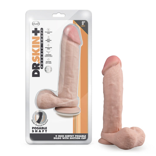 Blush Novelties Dr. Skin Plus - 9 Inch Realistic Posable Dildo with Balls - Suction Cup Base for Hands Free Play and Harness Compatible - Triple Density and Flexible Sex Toy for Him Her Couples