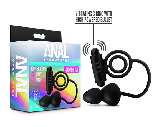 Blush Novelties Anal Adventures Platinum - Silicone Anal Plug with Vibrating C-Ring, Sex Toys for Men, Black