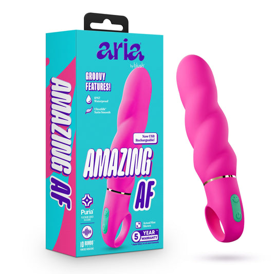 Blush Adult Sex Toys - 6.75" Aria Amazing AF Spiral Silicone Vibrator, Wavy Round Head Shaft for Clitoral G-Spot Stimulation, Quiet Intimate Personal Massager, IPX7, 10 Vibration Modes for Women- Pink