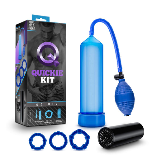 Blush Go Big 9.5" Quickie Kit - Penis Pump with Soft Stroker Sleeve & 3 Cock Rings - Suction Ball Pump to Gain Cock Size, Performance & Pleasure - Masturbator Kit Adult Sex Toy for Men - (Blue)