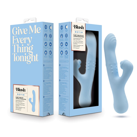 Blush Novelties - Blush Devin 9 Inch Silicone G Spot Clitoral Dual Stimulation Rabbit Vibrator for Women in Blue, 10 Vibration Functions, USB Magna Charge™ Rechargeable IPX7 Waterproof - Adult Sex Toy