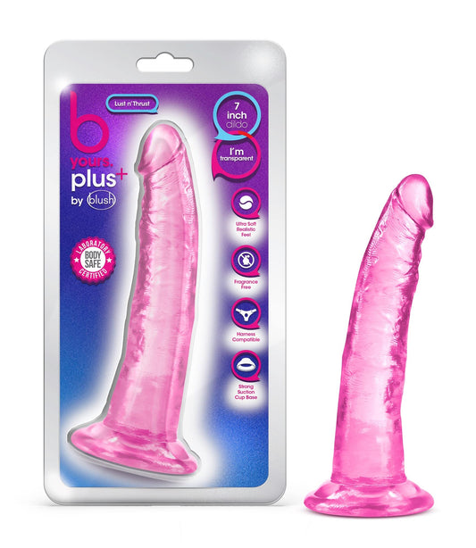Blush Novelties B Yours Plus Lust n' Thrust Suction Cup Harness Compatible Transparent Pink Tapered Head Sex Toy for Adults Men Women