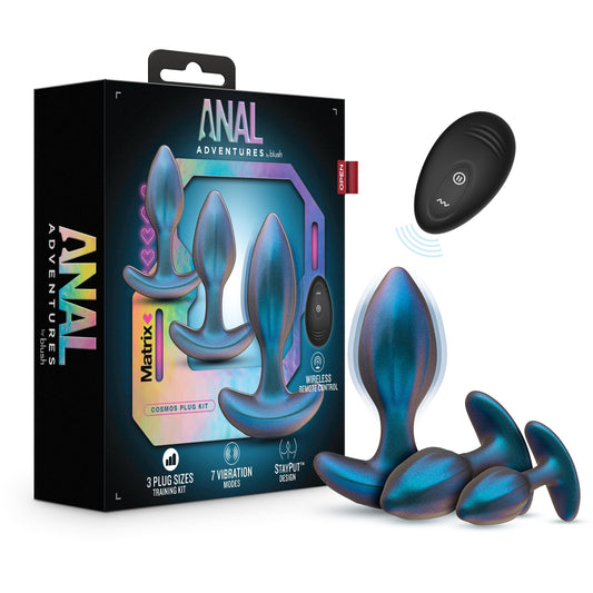 Blush Novelties Sex Toys - Anal Adventures Matrix - Vibrating Anal Training Kit - Wireless Remote - 10 Vibration Modes - Platinum Cured Silicone - StayputT Technology - Women Men Couples - Lunar Blue