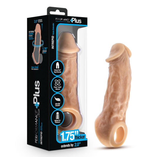 Blush Novelties Performance Plus Intrepid - 9.25 Inch Realistic Penis Extender Sleeve - Sensa Feel® Dual Density Technology with Purio® Liquid Silicone - Adult Sex Toy - Beige