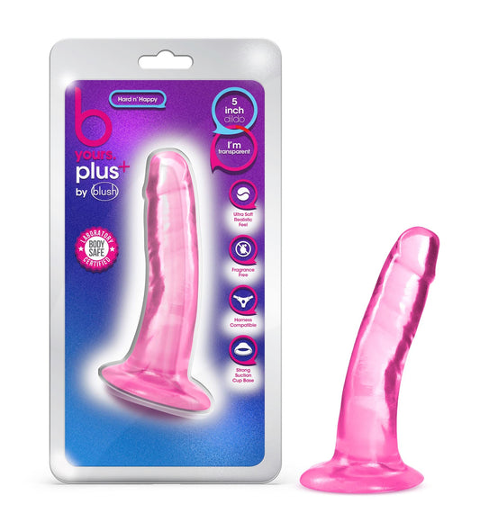 Blush Novelties B Yours Plus Hard n' Happy Suction Cup Harness Compatible Transparent Pink Tapered Head Sex Toy for Adults Men Women