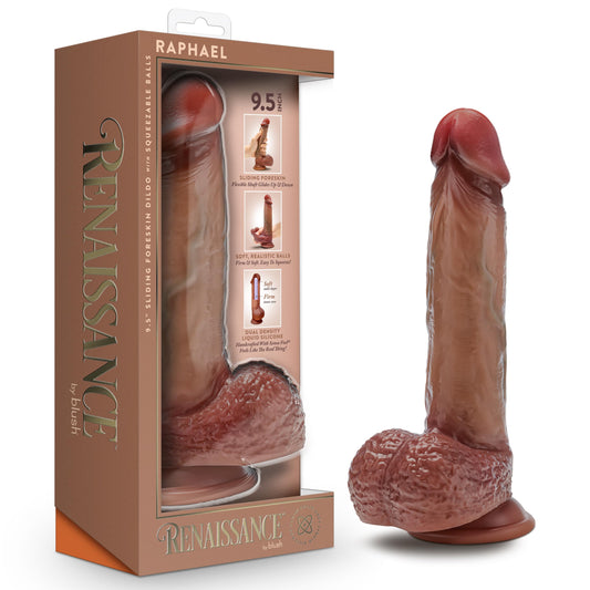 Blush Raphael 9.5" Realistic Dildo w/Sliding Foreskin & Squeezable Balls, Renaissance - Dual Density Liquid Silicone, Suction Cup, Strap-On Compatible - Realistic Penis for Women & Couples - (Brown)