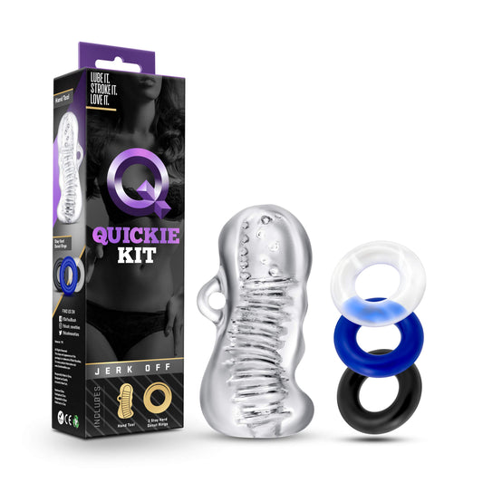 Blush Novelties Quickie Kit Jerk Off - Ultra Soft Realistic Ribbed, Soft Nubs Rub Your Penis, Clear Masturbator Stroker Sleeve - 3 Cock Rings for Harder Erections, Stretch Balls - Masturbation for Men