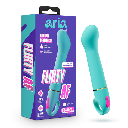 Blush Aria Flirty AF 7" Silicone Vibrator for Women, Curved Round Head G-Spot & Clitoral Stimulator, Loop Handle 10 Vibrations (5 Speeds & Patterns) UltraSilk Puria Platinum, IPX7, Adult Sex Toy- Teal