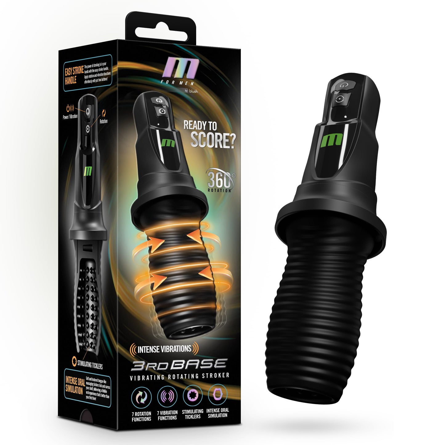 Blush M for Men 3rd Base 360° Rotating Vibrating Oral Masturbator 10" Lifelike Tongue Sleeve - Automatic Reverse Motion, USB Rechargeable - Blowjob, Cock Sucking Sex Toy for Men - (Black)