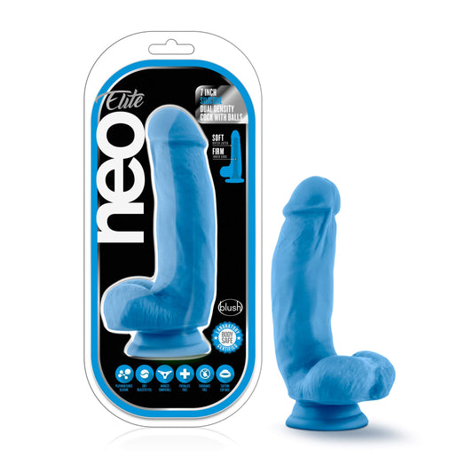 Blush Novelties, Neo Elite 7 Inch Sculpted Satin Smooth Silicone Sensa Feel Dual Density Realistic Suction Cup Harness Compatible Dildo, Adult Toys, Sex Toy for Women Men Couples, Neon Blue