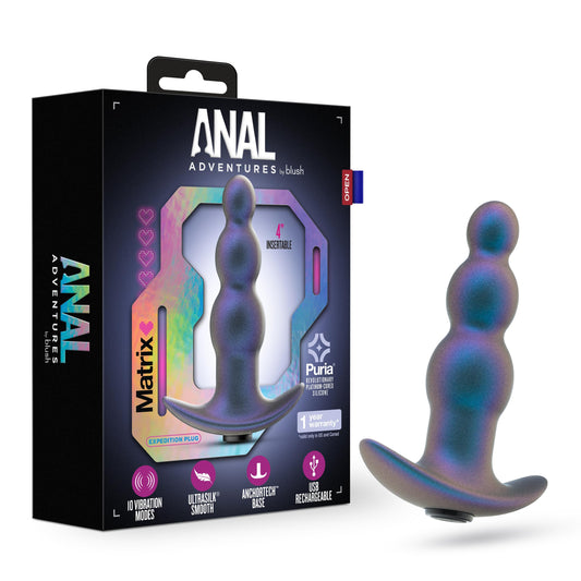 Blush Novelties - Blush Anal Adventures Matrix - Expedition Vibrating Anal Plug with AnchorTechT Base - 10 Vibration Modes - Puria® Platinum Cured Silicone - UltraSilk® - Adult Sex Toy - Lunar Blue