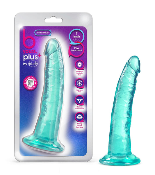 Blush Novelties B Yours Plus Lust nâ?T Thrust Suction Cup Harness Compatible Transparent Teal Tapered Head Sex Toy for Adults Men Women