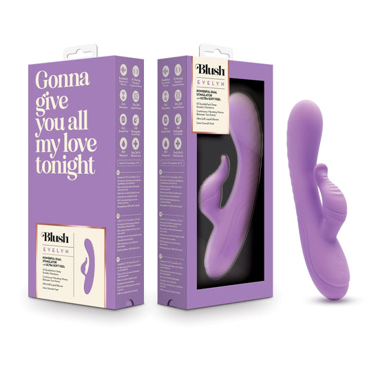 Blush Novelties Evelyn - 8 Inch Liquid Silicone Quiet G-Spot Rabbit Vibrator with Clitoral Stimulator - 10 Mode Motor - USB Rechargeable Battery Operated Dildo - IPX7 Waterproof Sex Toy - Purple