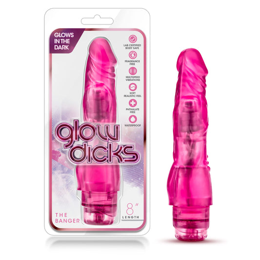 Blush Glow Dicks The Banger 8" Realistic Vibrating Dildo, Clitoral Stimulator Cock Glows in The Dark - Multi-Speed Twist Control - IPX7, Soft PVC - Adult Sex Toy Penis for Women & Couples - (Pink Fun)