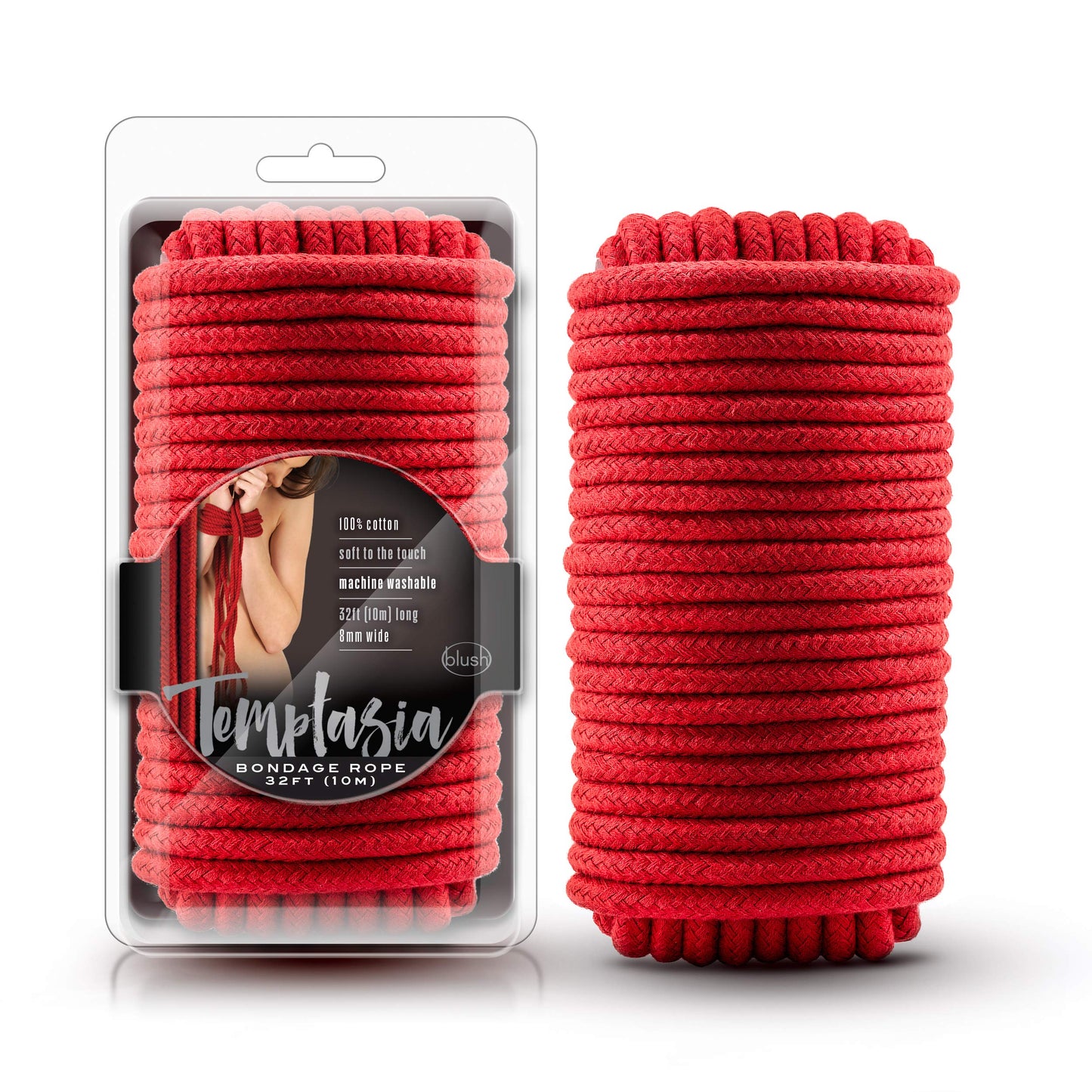 Blush Temptasia Red BDSM Bondage Rope Sex Restraints - 32 Feet No-Slip Shibari Rope of 100% Cotton Comfortable BDSM -Thick and Sturdy for Heavy Duty Binding - Kinky Sex Toy for Adult Women Men Couples