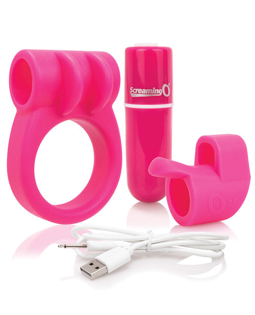 SCREAMING O® CHARGE COMBO KIT #1 | Rechargeable Reusable 10 Function Powerful Vibrating Bullet, True Silicone Two Sided Cock Ring, Penis Ring Erection Enhancer & Clitoris Stimulating Finger Sleeve | Sex Toys for Him and Her (Pink)