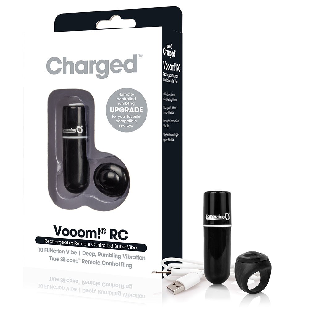 SCREAMING O® CHARGED VOOOM REMOTE CONTROL BULLET | Multi-Speed 10 Function Rechargeable Rumbling Vibrating Female Vibrator Bullet Vibe/Personal Massager with Remote Control Ring (Black)