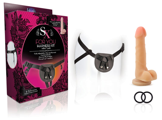 Blush SX for You Harness Kit with 7â€ Cock | Strap On Dildo and Harness for Women | Harness Belt and Dildo Harness | Strap On Dildo for Beginners | Harness: Black, Dildo: Beige