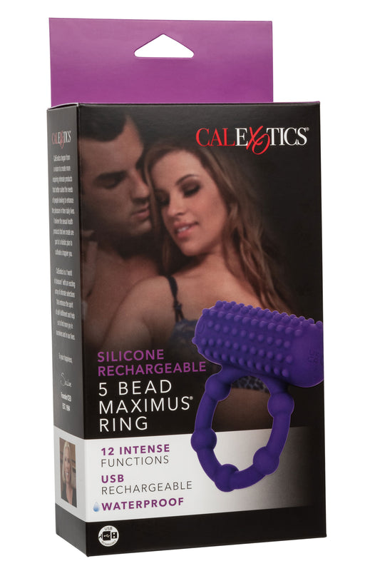 CalExotics Silicone Rechargeable 5 Bead Maximus Ring – Rechargeable Beaded Pleasure Ring – Waterproof Massager Sex Toy for Couples – Purple
