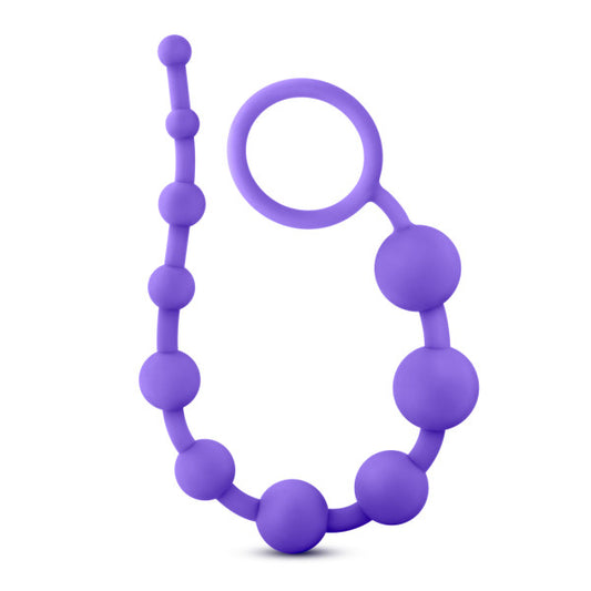 Blush Luxe Silicone Anal Beads – Soft Ultrasilk Puria Platinum Silicone Anal Plug for Beginners – 10 Bead Long Butt Plug Trainer with Pull Handle – Smooth Anal Toy for Men & Women - Purple