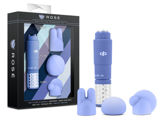 Blush Novelties Rose Revitalize Massage Kit - Massager, External Massager Vibrator - 3 Ultrasilk Smooth Puria Silicone Attachments for Pleasure, Stress Relief - Waterproof - Pocket Sized - Periwinkle
