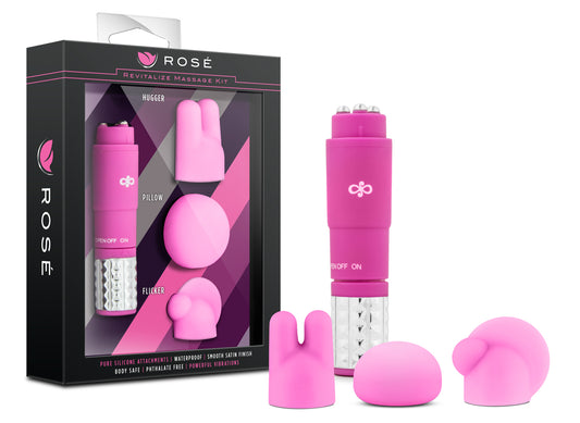 Blush Rosé 4" Revitalize 3-Piece Vibrating Massage Wand Kit, Mini Personal Massager, Satin Silicone Smooth w/ 3 Clitoral Attachments, Pinpoint Body Relaxation Adult Sex Toy for Women & Couples - Pink
