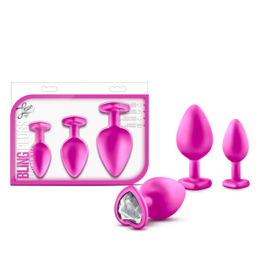 Blush Luxe Bling Silicone Anal Training Plug Kit, 3-Pc Set - Heart-Shaped Base & White Gem - S, M, L Size Bum Plug | Satin Smooth Ultrasilk Platinum-Cured Beginner Butt Plug for Women & Couples (Pink)