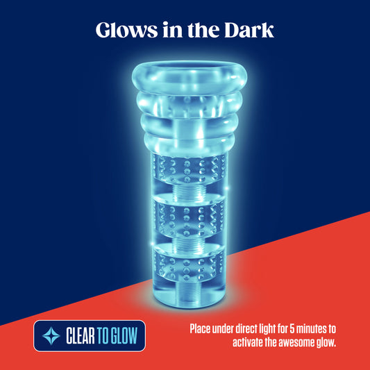 Blush Rize! Luz 6.25" Self-Lubricating Male Masturbator, Glow in The Dark Ribbed Stroker, Open Ended Pocket Sleeve, Soft Realistic Feel Penis Suction Chambers, Men's Pleasure Adult Sex Toy - (Clear)