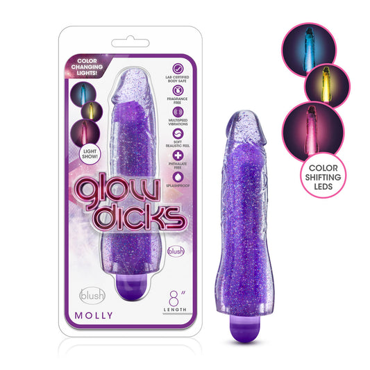Blush Novelties Glow Dicks Molly 9 Inch Soft Multi-Speed Glitter Vibrator with Colored Lights, Sex Toy for Women, Purple