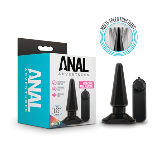 Blush Anal Adventures Basic Pleaser 4" Vibrating Anal Plug for Beginners & Couples, Multi-Speed Vibrations, Easy Retrieval Smooth Tapered Butt Plug, Body-Safe Adult Anal Sex Toy for Women & Men- Black