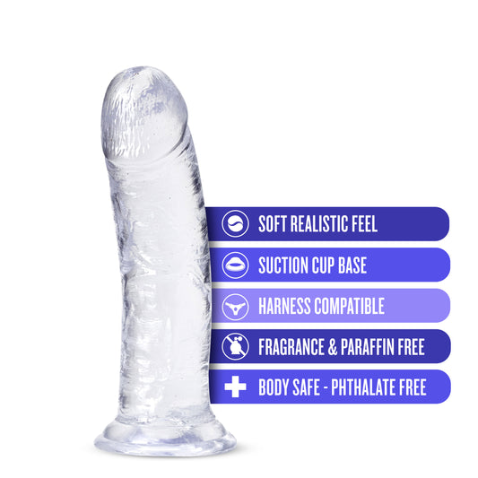 Blush Novelties B Yours Plus Roar n Ride - Realistic 8 Inch Crystal Clear Soft Dildo - Powerful Suction Cup Base for Hands Free Play - Harness Strap On Compatible - Sex Toy.