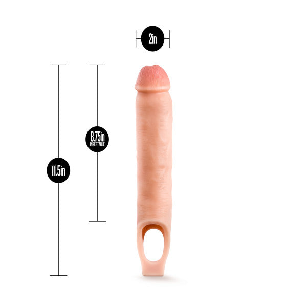 Blush Performance Plus 11.5" Penis Extender Sleeve w/Ball Strap, Adds 2.5" Length & 2" Girth - Purio Liquid Silicone Cock Sheath, Ribbed Secure Fit Male Size Enlarger Adult Sex Toy for Men - (Beige)