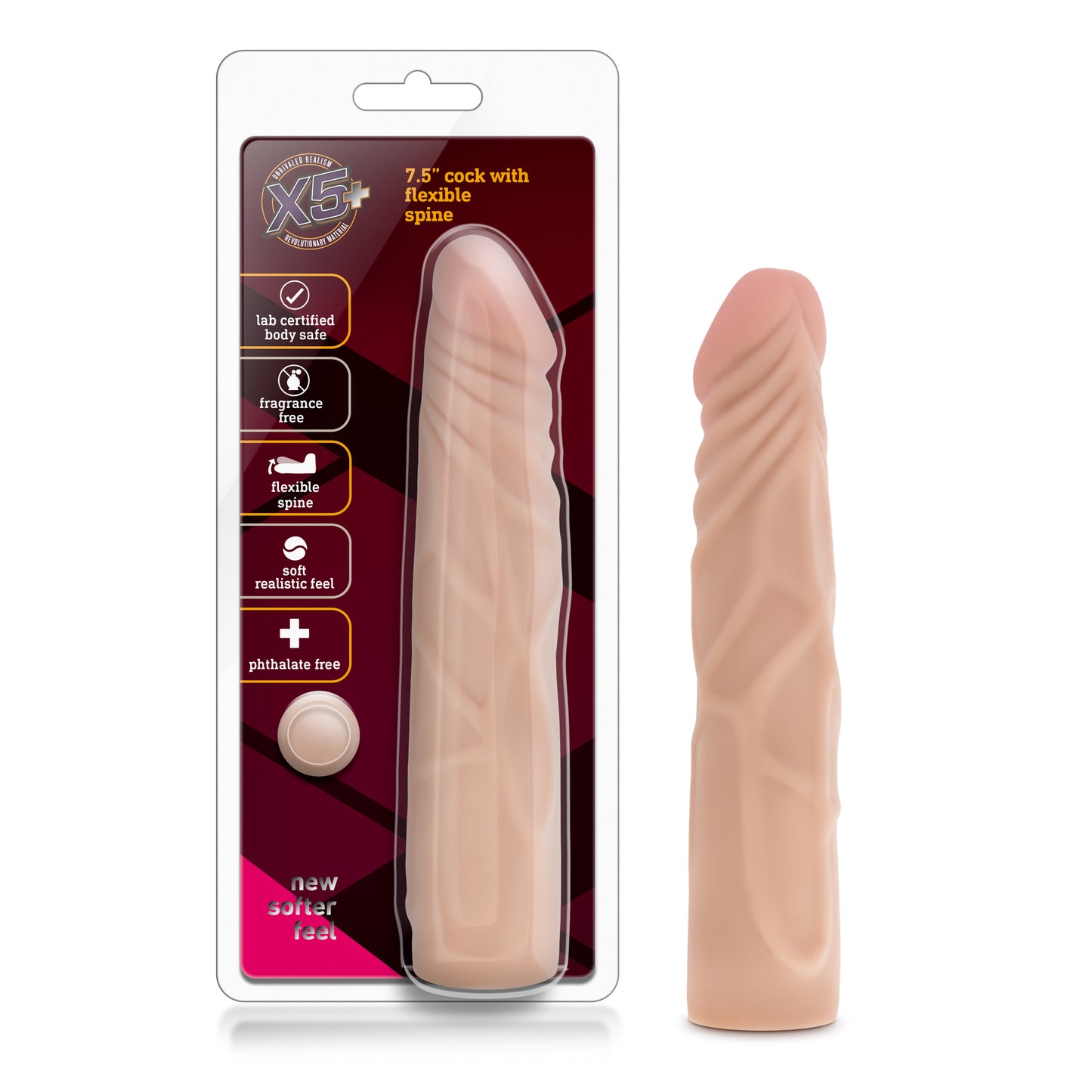 Blush Novelties X5 Plus Soft Realistic Feel Dildo - 7.5 Inch Length and 1.5 Inch Width - Poseable Bendable Flexible Spine to Work with Your Body Beautifully - Hand Sculpted - Sex Toy for Adults
