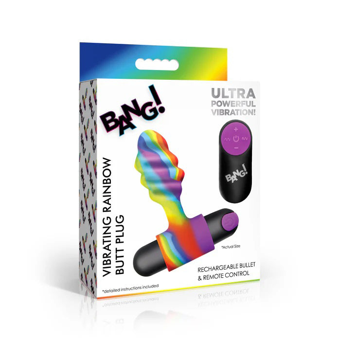 Bang! Vibrating Rainbow Butt Plug for Beginners, Men, Women, & Couples. Rechargeable and Splashproof. Textured Plug and Bullet Vibrator. Premium Silicone. 4 Pieces, Rainbow.