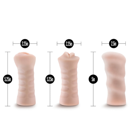 Blush Novelties - M for Men - 3 Pack Self-Lubricating Realistic Stroker Sleeve Kit with Vibrating Bullet - Anal Vagina Mouth Open Ended to Fit All Size - Male Masturbator - Vanilla