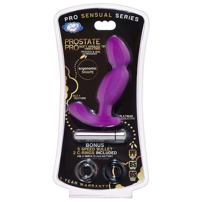 Cloud 9 Novelties Pro Sensual Series Angled Tip Vibrating Prostate and Anal Massager Ergonomic Shape, Purple