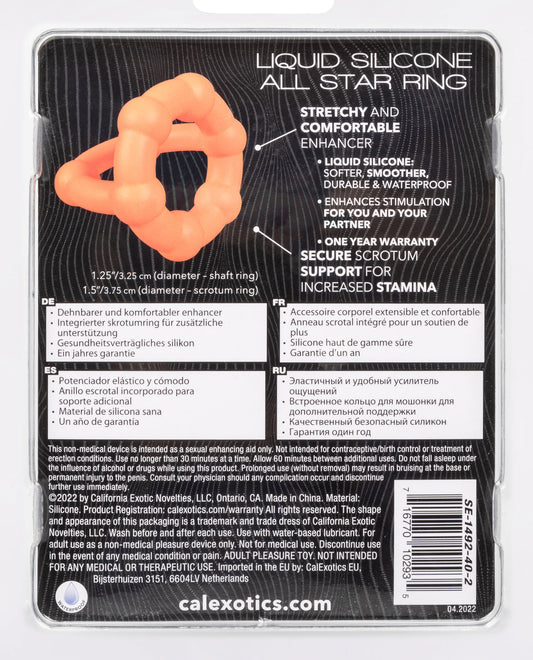 CalExotics Alpha Liquid Silicone All Star Ring – Male Enhancement Dual Support Ring Silicone Sex Toys for Men – Orange