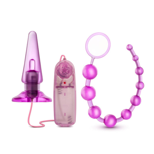 Blush Quickie Kit Vibrating Butt Plug - Anal Beads with 10 Graduated Sizes for Easy Entry - Tapered Tip - Perfect Kit for Beginners - Wired Remote Control Adjustable Vibration - Sex Toy for Adults