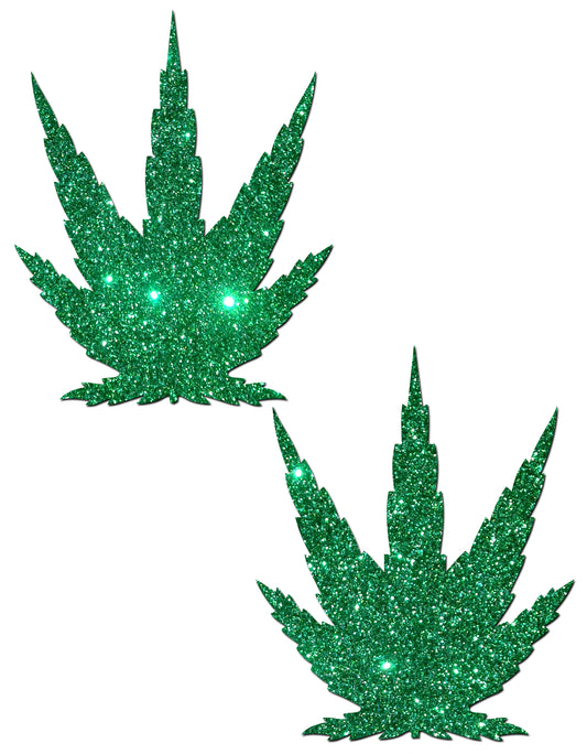 PASTEASE Weed Leaf Pasties - Nipple Covers for Festivals, Raves, & Lingerie | Halloween Costume Accessory | Waterproof (Glitter Green Sativa Pot Leaf)