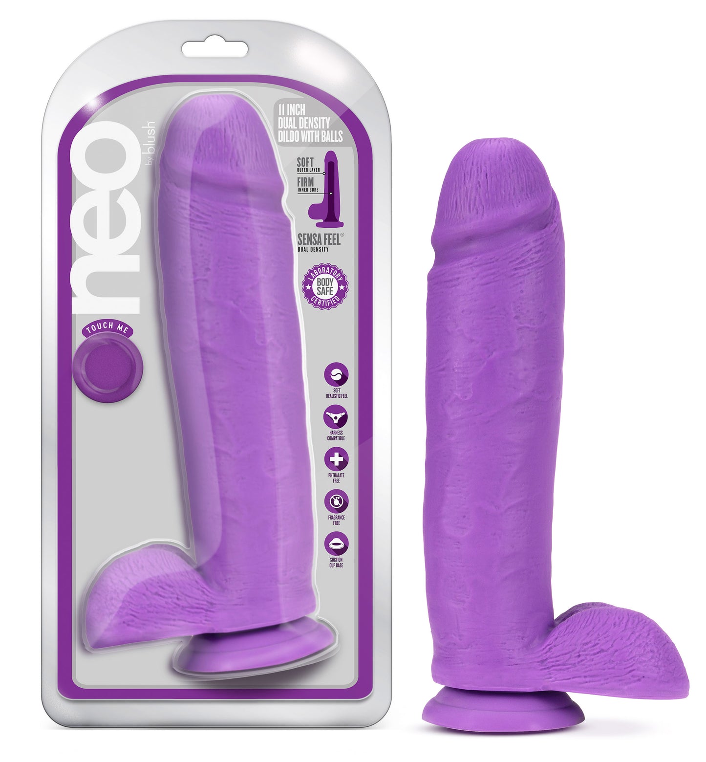 Blush Neo 11.5" Realistic Dildo w/Balls, Dual Density Large Thick Lifelike Soft Penis, Suction Cup, Harness Compatible - G-Spot & Anal Play Firm Cock, Adult Sex Toy for Women, Men, Couple - (Purple)