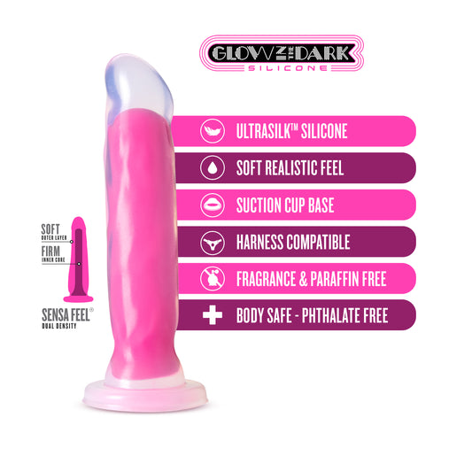 Blush Neo Elite Marquee 8" Silicone Dildo - Glow in The Dark Sensa Feel Realistic Cock, Suction Cup, Strap-On Compatible - Platinum Cured Anal Adult Sex Toy Penis for Women, Men, Couples - (Neon Pink)