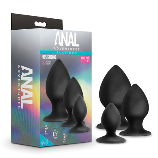 Blush Anal Adventures Platinum Stout Butt Plug Kit - 3 Sizes Silicone Anal Butt Plug Set - UltraSilk Puria Silicone, StayPut Base Beginners & Couples Tapered Design Anal Dilator Adult Sex Toys - Black