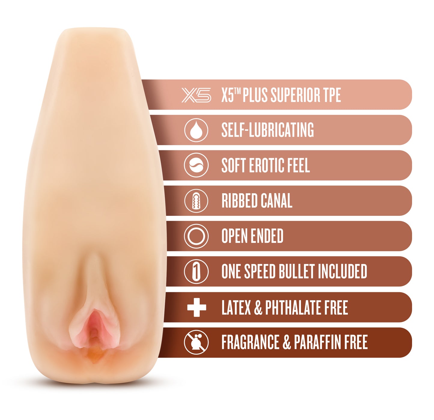 Blush Novelties M Elite - Soft and Wet Natasha - 7Self Lubricating Ribbed Masturbator - Single Speed Vibrating Bullet Included - Open Ended for Easy Cleaning - Incredibly Look & Feel Sex Toy