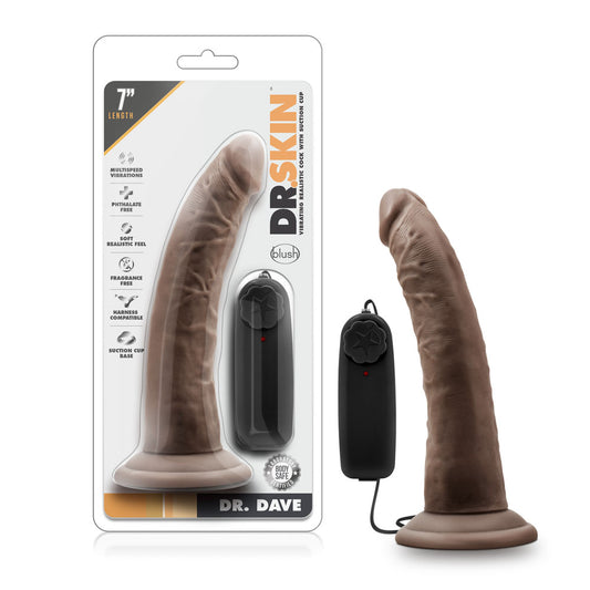 Blush Novelties Dr. Skin Dr Dave - 7 Inch Remote Controlled Vibrating Realistic Dildo - Strap On Compatible Suction Cup for Hands Free Play - Lifelike Body Safe Slim Vibrator for Men Women - Chocolate