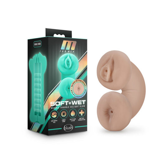 Blush 5.25" M for Men Soft & Wet Male Masturbator, Glow in The Dark 2-Way Realistic Anal & Vagina Open-Ended Self-Lubricating Pocket Stroker, X5 Plus Double Trouble Vanilla Pussy Adult Sex Toy for Men