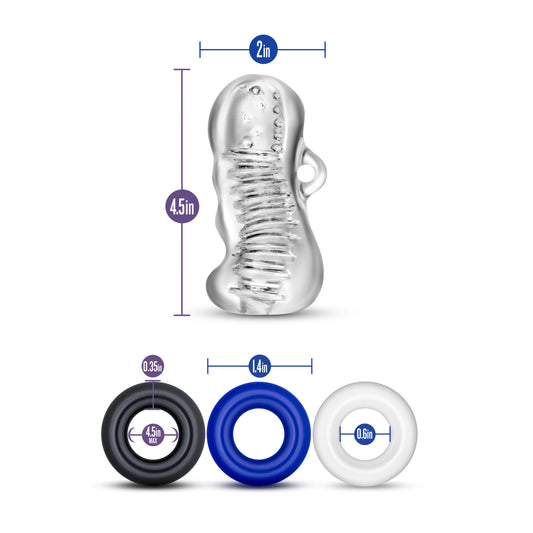 Blush 4.5" Quickie Kit, Jerk Off - Clear Stroker Sleeve with 3 Cock Rings for Harder Erections & Longer Sex, Soft Ribbed Realistic Masturbator & Stretchy Penis Rings, Self Love Adult Sex Toy for Men